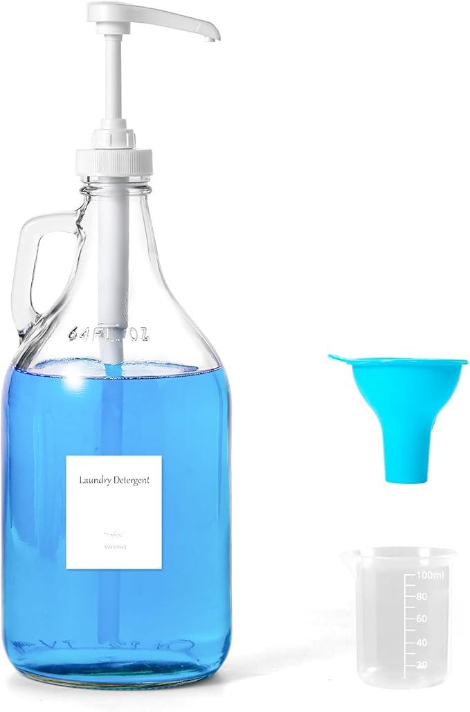 Glass Laundry Detergent Dispenser with Pump, 64OZ Liquid Laundry Soap Dispenser, Fabric Softener Dispenser Bottle for Laundry Room Organization and Storage, 1 Pack