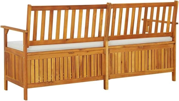 vidaXL Solid Acacia Wood Storage Bench with Cushion- Brown & Cream White, Indoor-Outdoor Versatile Bench with Ample Storage, Comfortable Padded Cushion Included
