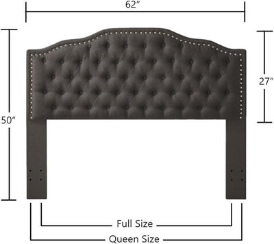 24KF Upholstered Button Tufted Queen Headboard with Nailhead Trim, Elegant Boucle Fabric Full headboard, 6031-Q-Boucle-Dark Green
