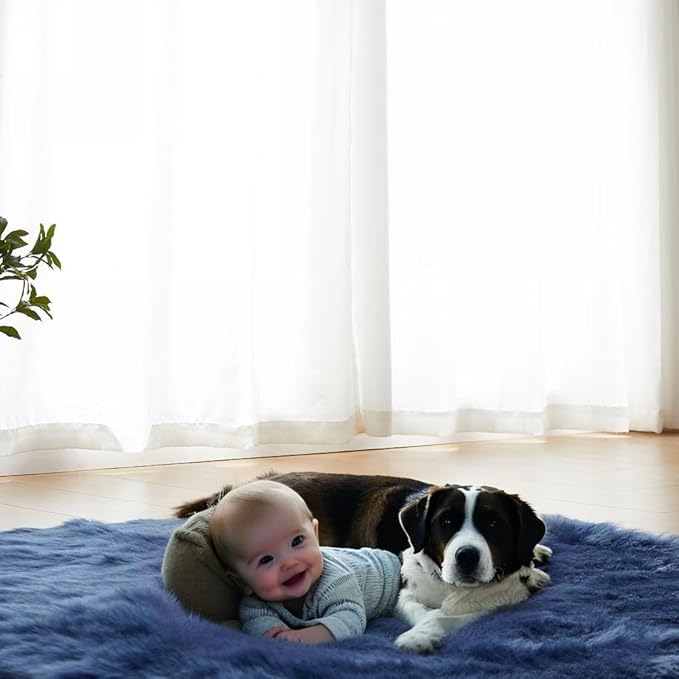 AMTOVO Faux Fur Sheepskin Rug for Living Room, 4 x 6 ft Dark Blue Fluffy Area Rug for Bedroom, Playroom, Luxury Room Decor, Rectangle