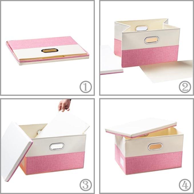 PRANDOM Collapsible Storage Bin with Lid [3-Pack] Fabric Foldable Storage Box Organizer Container Basket Cube with Cover for Home Bedroom Closet Office Nursery Pink&Cream(14.9x9.8x9.8)