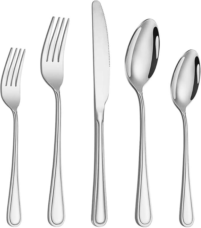 20 Pcs Silverware Set for 4 with Simple Striped Handle Design, Food Grade Stainless Steel Flatware Set, Eating Utensils Sets Include Fork/Knife/Spoon, Reusable Cutlery Set, Dishwasher Safe