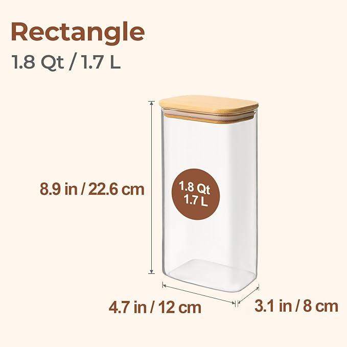 ComSaf 1.8 Qt Rectangle Glass Storage Containers with Lids, Glass Jars with Bamboo Lids, Clear Food Storage Jar, Sugar Coffee Containers, Pantry Storage Container for Pasta Rice Flour Oats Nuts Tea