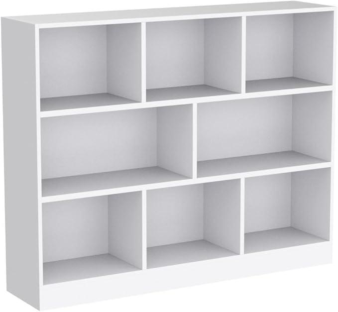 IOTXY Open Shelf Low Bookcase - Wooden 3-Tier Floor Standing Display Cabinet Organizer with Base, 8 Cubes Short Horizontal Bookshelf in Warm White