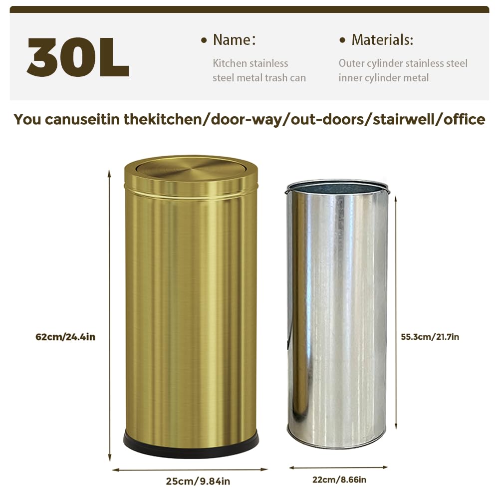 30L/8GAL Gold Brass Kitchen Trash Can,Tall Commercial Garbage can，Large Capacity FILP lid Trash can for Kitchen,Shopping mall,Elevator gate,Airport, Hotel,Commercial (Gold)