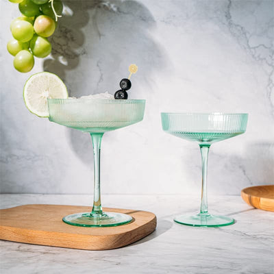 Ribbed Coupe Cocktail Glasses 8 oz | Set of 2 | Classic Manhattan Glasses For Cocktails, Champagne Coupe, Ripple Coupe Glasses, Art Deco Gatsby Vintage, Crystal with Stems (Green, Set of 2)