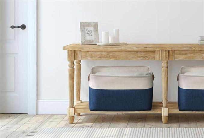 DECOMOMO Storage Bins Fabric Storage Baskets for Shelves, Linen Closet Organization Toys Nursery (Navy Blue and White, Large - 3 Pack)