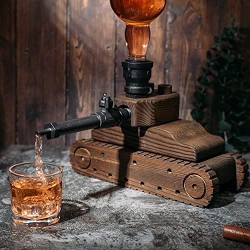 Tank Handcrafted Liquor Dispenser - The Wine Savant - Industrial Pipe Mahogany Wood Whiskey Decanter - Bar Accessories For Home Gifts for Him, Veteran's Day, Military Appreciation, Home Bar Gift