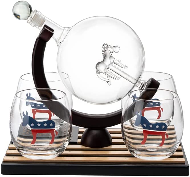 Democratic Party Wine & Whiskey Decanter Set, Proud Democrat Vote Blue Election Decor, Washington DC Politics Gift, 750ml With US Flag and 4 Glasses - Donkey Logo, DNC Gifts, Senate, House & President