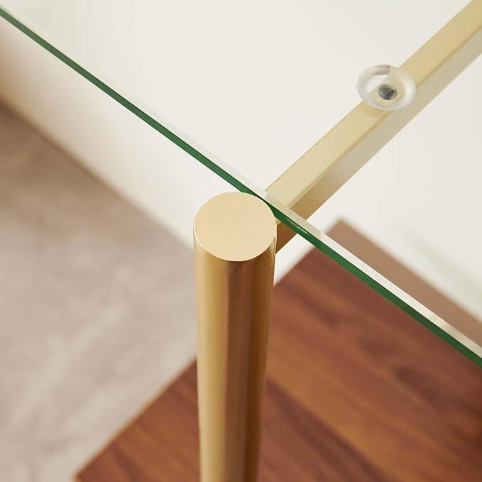 Glass Console Table for Living Room, Foyer & Entrance, 2-Tiers Mid-Century Modern Sofa Table with Clear Glass Top, Walnut Finish Wood Top and Gold Finish Metal Frame