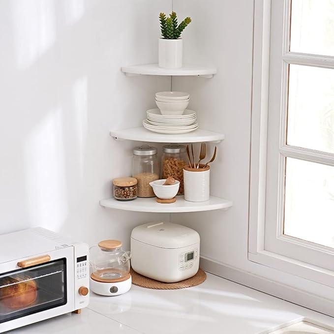 Corner Shelf, White Solid Oak Wood Floating Corner Shelves Wall Mount Round End Floating Speaker Rack Display Shelf for Small Plant Photo Frame (White, 13.8in)