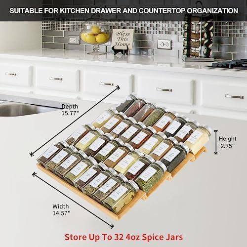 Spice Drawer Organzier,4 Tiers Bamboo Spice Rack Tray Insert for Cabinet Drawer Countertop, Kitchen Seasoning Storage Drawer Organization,14.57