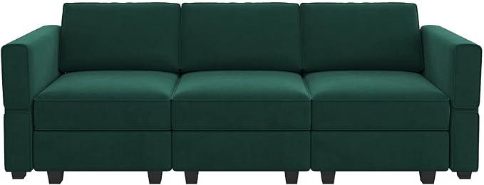 Belffin Modular Sofa Couch with Storage Seats Velvet 3 Seater Sofa for Living Room Green