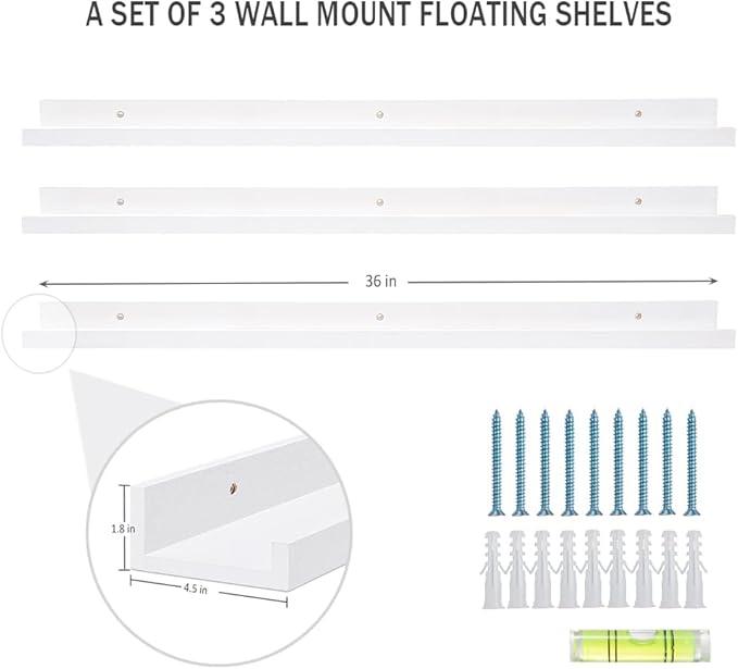 AZSKY 36 Inch Floating Shelves with Ledge White Natural Wood Picture Ledge Shelf 3 Pack Floating Shelf Picture Frame Holder for Bedroom Bathroom Living Room Kitchen Same Sizes
