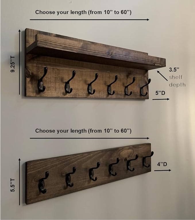 Coat Rack with Shelf Wall Mounted with Storage (Choose Your Length) Towel Rack Entryway Organizer Key Hooks (32