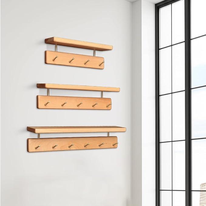 Shelf with Hooks, Solid Wood Bedroom Shelves for Wall, Wooden Coat Rack Wall Mount for Bathroom, Kitchen, Door Entryway (Beech, 38cm/14.96inch)