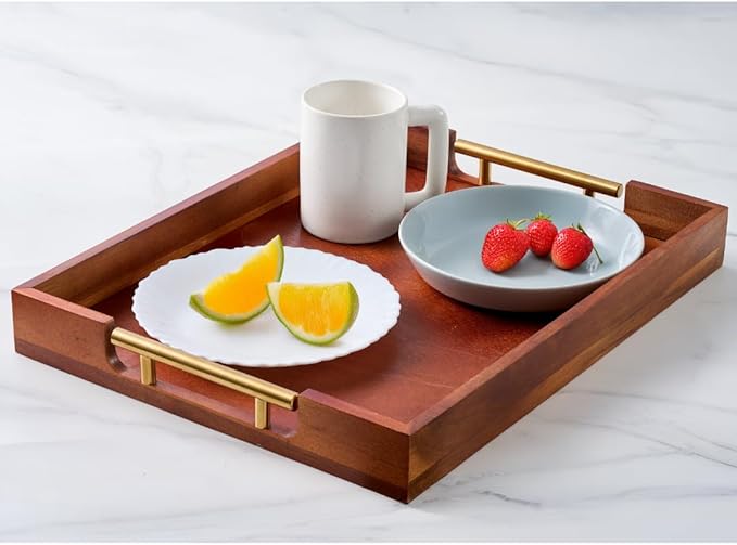 Premium Acacia Wood Ottoman Tray, 17x13 inches Large Serving Tray, Decorative Coffee Table Tray with Metal Handles, Ideal for Breakfast in Bed, Appetizers, Kitchen & Living Room Decor