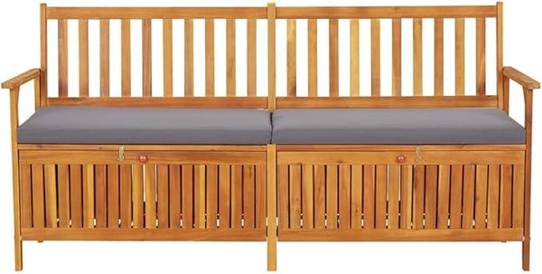 vidaXL Acacia Wood Outdoor Storage Bench Deck Box with Cushion - Solid Wood Patio Furniture, Brown/Dark Gray, 66.9