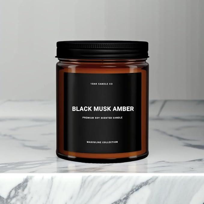1OAK Black Musk Amber Candle - Soy Wax Scented Candle for Men - 7oz, Long Burning, Masculine - Premium Gift Option