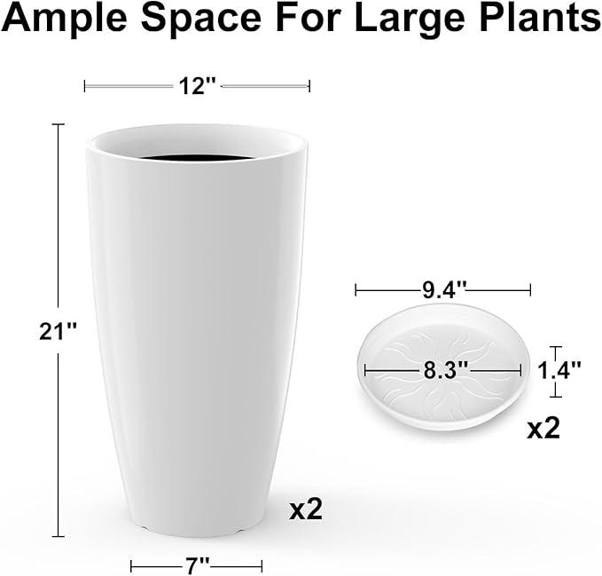 Tall Flower Pot Indoor - Outdoor Plant Pot - White Glossy Planter - Elegant Ceramics Imitation - 12