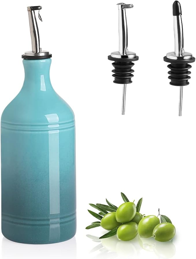 Sweejar Ceramic Olive Oil Dispenser Bottle, Opaque Oil Cruet Protects Oil to Reduce Oxidation, Suitable for Oil, Vinegar, Coffee Syrups & Other Liquids, Pack of 1, 15.5 Fl Oz (Gradient Blue)