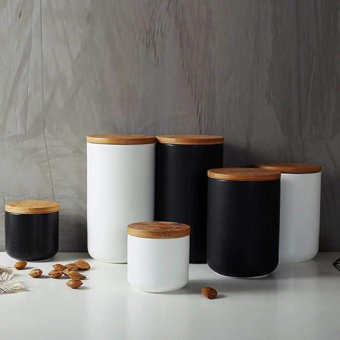 MilkyWay Food Storage Jar Strong Ceramic Storage Canisters with Airtight Seal Bamboo Lid Modern Design Seal Damp-Proof Kitchen Jar for Coffee, Tea, Spice and More (Black(L: 34 oz/1000ml))