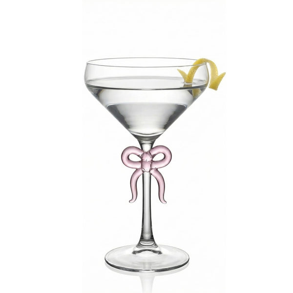 Single Clear Martini Glass with Pink Bow on Stem, One Piece