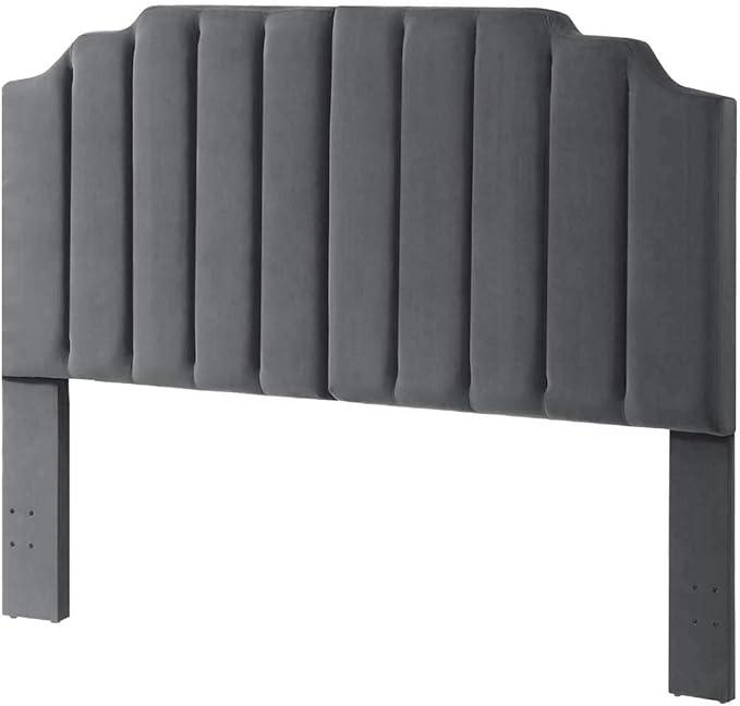 24KF Dark Gray Velvet Tufted King Upholstered Headboard, Modern Vertical Channel Design California King Headboard with Stepped Silhouette Top Edge,Dark Gray