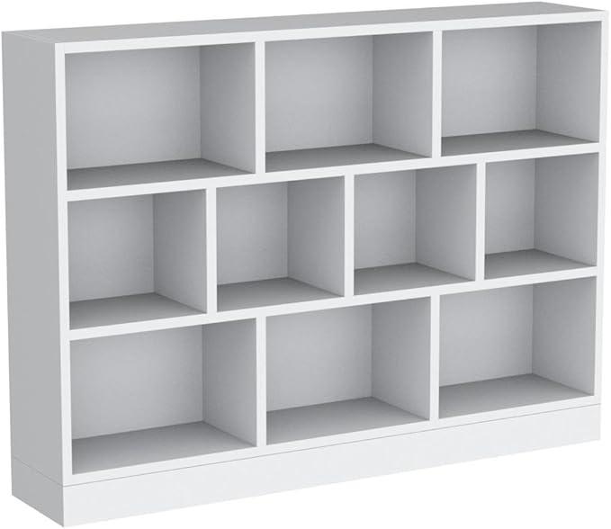 IOTXY Open Shelf Low Bookcase - Wooden 3-Tier Floor Standing Display Cabinet Organizer with Base, 10 Cubes Short Horizontal Bookshelf in Warm White