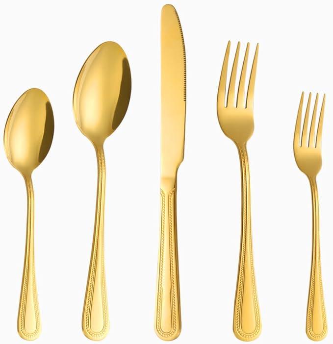 20 Pcs Gold Silverware Set for 4 with Pearled Edge Handle design, Food Grade Stainless Steel Flatware Set, Eating Utensils Sets Include Fork/Knife/Spoon, Reusable Cutlery Set, Dishwasher Safe