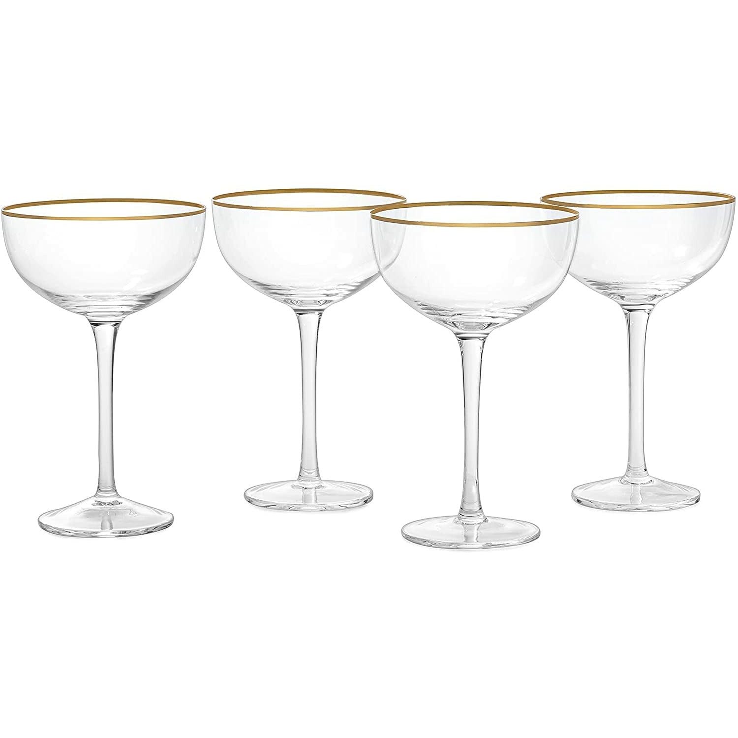 Vintage Crystal Champagne Coupe Gold Rim Glasses | Set of 4 | 7 oz, Gilded Rim Classic Cocktail Glassware - Martini, Manhattan, Cosmopolitan, Sidecar, Daiquiri | 1920s Style Saucer Goblets | Gift Box
