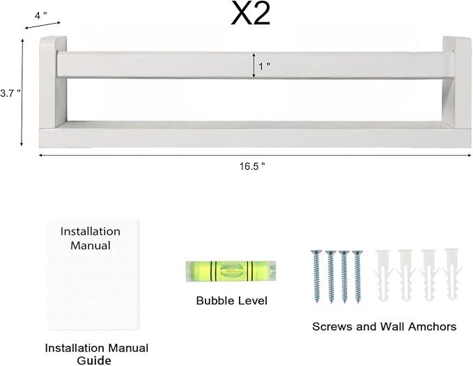 Nursery Book Shelves | Set of 2 Wood Floating Shelves for Kids Room, Kitchen Spice Rack, or Rustic Wall Mounted | Farmhouse Bathroom Décor (White)