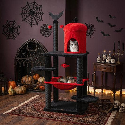 51” Gothic Multi-level Cat Tree with Spider Hanging Toy for Black Halloween-Red