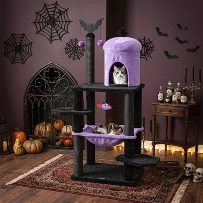 51” Gothic Multi-level Cat Tree with Spider Hanging Toy for Black Halloween-Purple