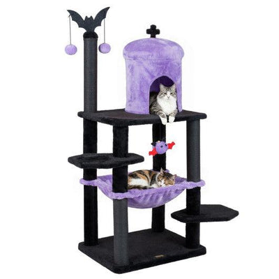 51” Gothic Multi-level Cat Tree with Spider Hanging Toy for Black Halloween-Purple