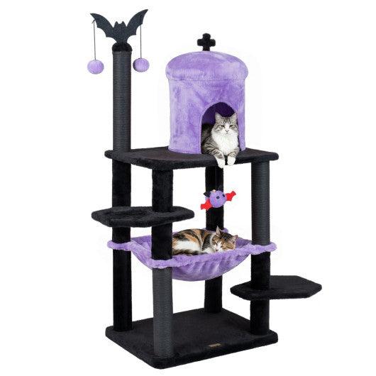 51” Gothic Multi-level Cat Tree with Spider Hanging Toy for Black Halloween-Purple
