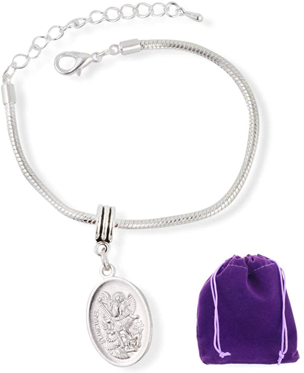 Saint Michael Bracelet | Women Men Archangel Medal with Protection Gift for Men and Women Silver Plated Bracelet Adjustable Religious Jewelry