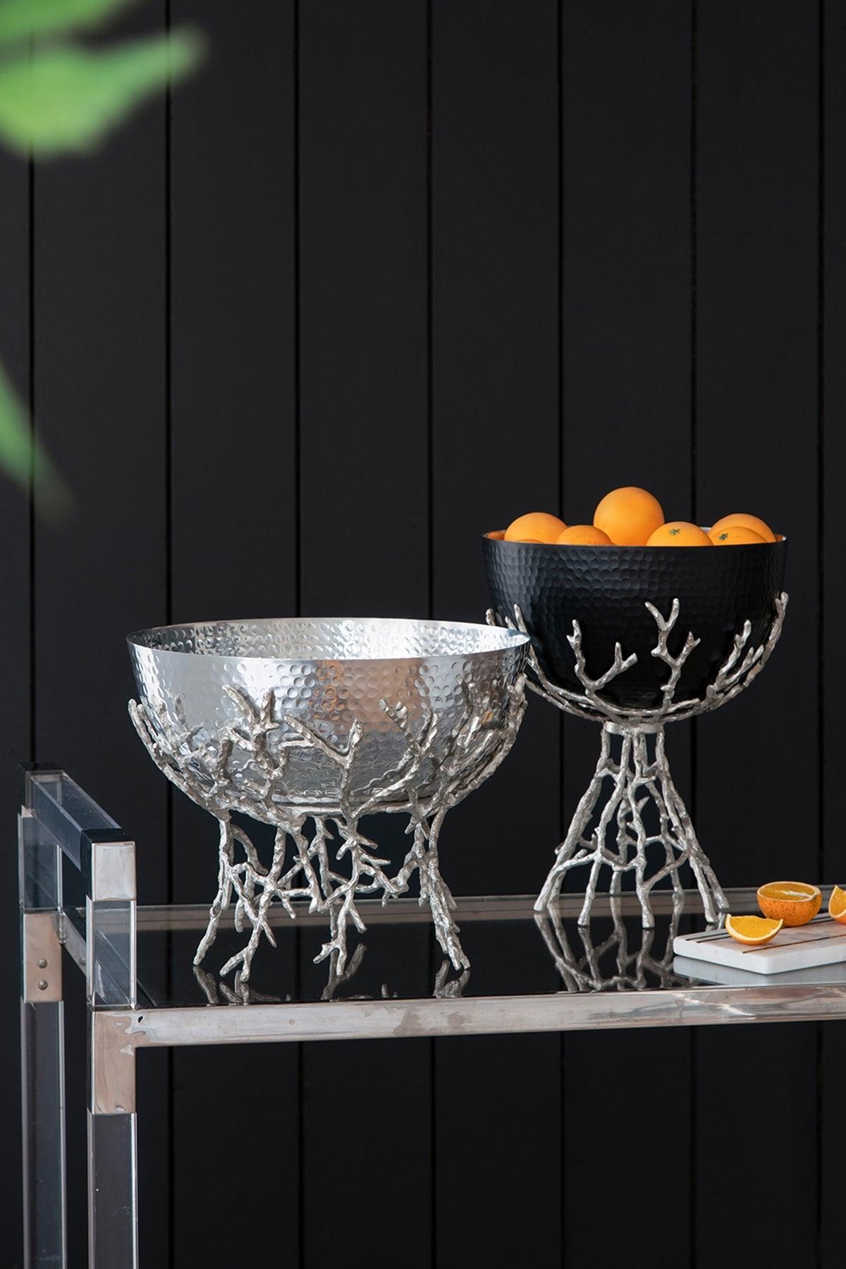 Silver Aluminum Decorative Pedestal Bowl with Sculptural Branch Base – Modern Centerpiece