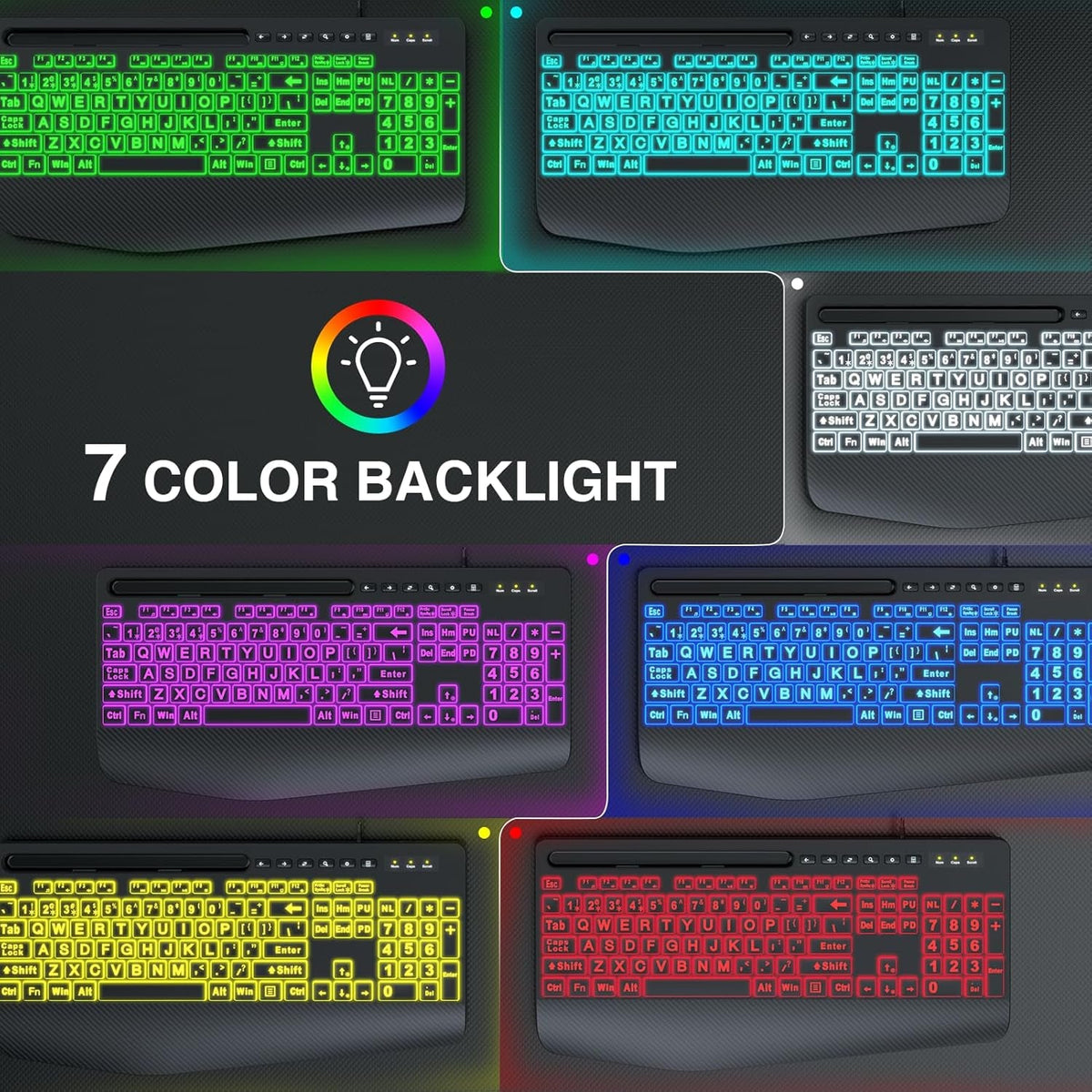 Wired Keyboard Mouse Combo – Large Print Backlit with Ergonomic Wrist Rest & 6-DPI RGB Mouse