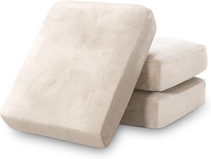 PrinceDeco Stretch Sofa Cushion Covers for Couches and Sofas,Soft Velvet Couch Seat Covers, Sofa Covers Washable, Seat Cushion Cover for 3 Couch Sofa Pet Friendly - Ivory, Each Width Up to 29.5