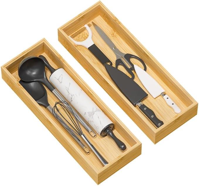 Kitchen Drawer Organizer Tray, Stackable Bamboo Deep Drawer Organizer for Large Silverware, Utensils, Cutlery, Flatware,Junk Drawer, Dresser, Bathroom, 17