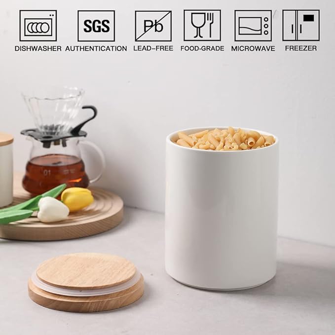 Sweejar Kitchen Canisters Ceramic Food Storage Jar, Stackable Containers with Airtight Seal Wooden Lid for Serving Coffee Bean, Flour, Tea, Cookies and More - 73 Fl Oz(White)