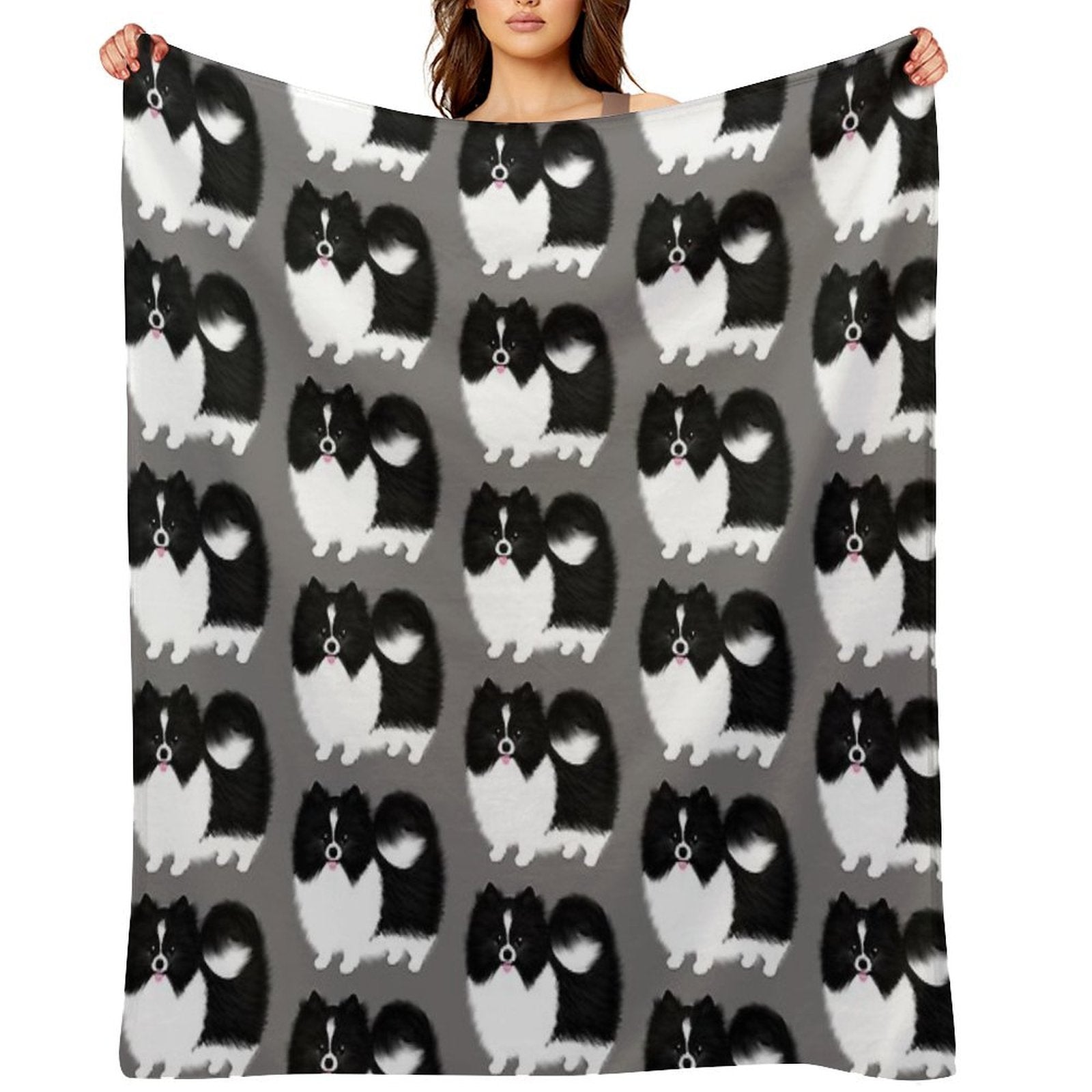 Black And White Parti Pomeranian  Cute Black And White Fluffy Dog Durable Throw Blanket