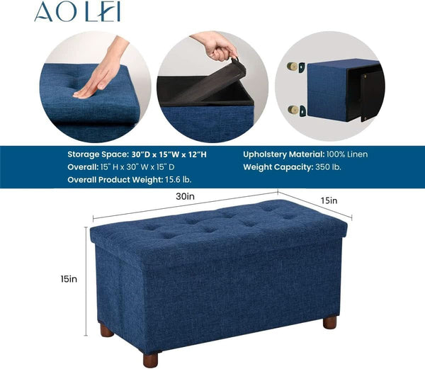 Blue Linen 30-Inch Storage Ottoman Bench Removable Lid