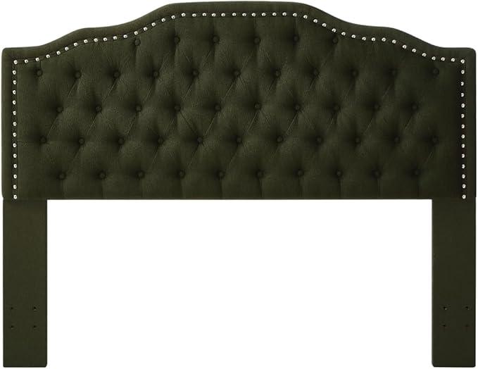 24KF Upholstered Button Tufted Queen Headboard with Nailhead Trim, Elegant Boucle Fabric Full headboard, 6031-Q-Boucle-Dark Green
