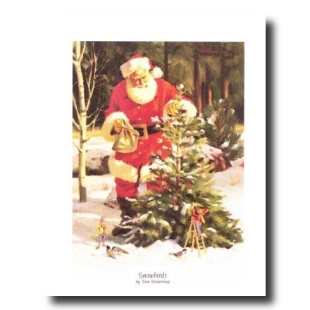 Santa Christmas Wall Art – Vintage Pine Tree & Elves Holiday Print 16x20