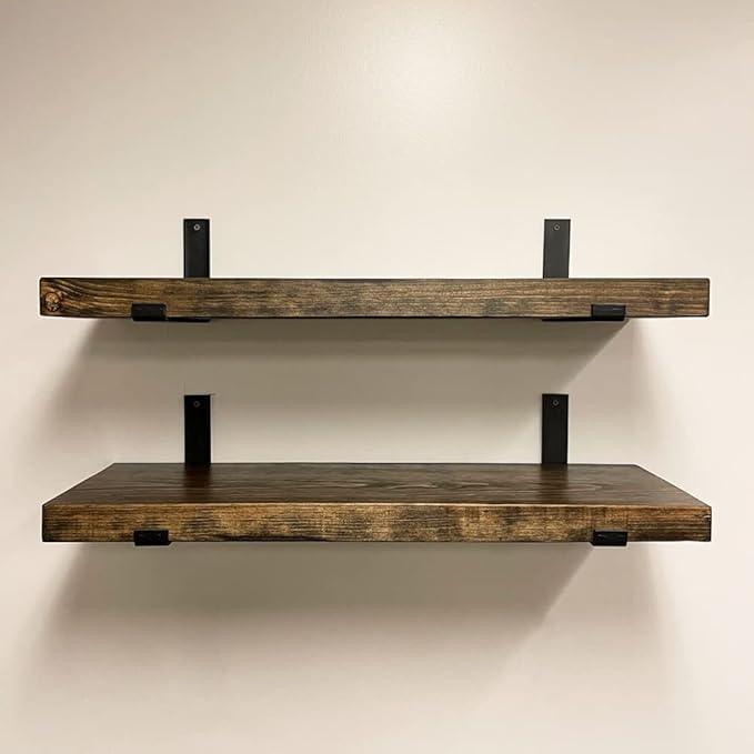 Rustic Shelves with J-Brackets Set of 2, Industrial Shelf, Kitchen Shelves, Solid Wood, Decorative Wall Storage, Heavy Duty, URBANDI (Dark Brown, 12Wx12D)