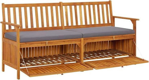 vidaXL Acacia Wood Outdoor Storage Bench Deck Box with Cushion - Solid Wood Patio Furniture, Brown/Dark Gray, 66.9