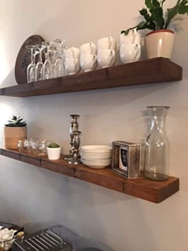 joelsantiques Floating Shelf, Wood Wall Shelf, Natural Wooden Home Decor for Bathroom Kitchen Bedroom, Hanging Mounted Invisible Bracket (Medium Brown, 7