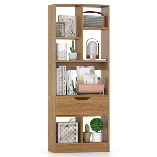 51inch Tall Freestanding Bookcase with Drawer 7-Cube Storage Organizer-Natural